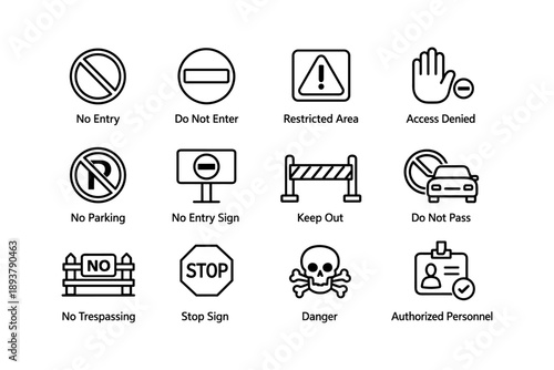 Warning signs collection: no entry, restricted area, danger, keep out, no parking