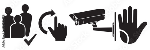 This image displays four black-and-white icons arranged horizontally, representing a sequence related to security or access control. From left to right, the icons show: a group of people with 