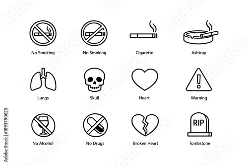 Vector icons: no smoking, no alcohol, lungs, skull, heart, warning signs