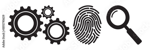 This black and white image displays three distinct icons arranged horizontally on a white background. From left to right, the icons are a cluster of three gears, a fingerprint, and a magnifying glass.