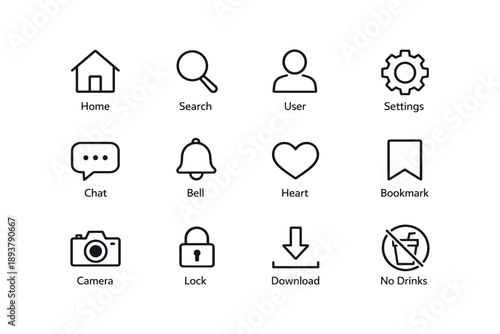 Simple black line icons for home, search, user, and more