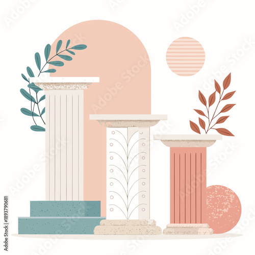 Three ornate pillars displayed on different pedestals against a minimalist background with foliage and abstract shapes