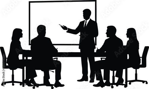 Business meeting with a presenter and audience in front of a whiteboard