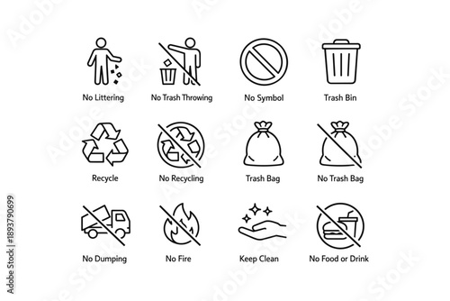 Icons for waste management and cleanliness guidelines