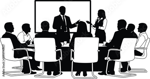 A group of business professionals in a meeting with a presentation