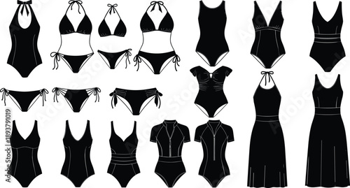 Women swimwear silhouette vector set, black bikini and swimsuit icons, summer beach fashion collection, female bodysuit apparel isolated on white background for design,