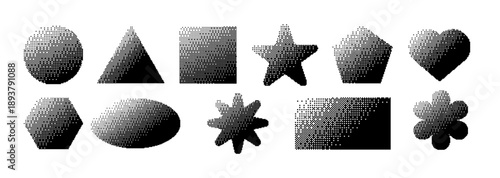 Set of Halftone Geometric Shapes in Bitmap Style. Bitmap style shapes and figures with pixelated gradient shading for posters, templates, digital art, and retro design projects. Vector illustration