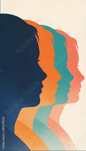 A stylized vector illustration with multiple human silhouettes of different colors overlapping each other on a cream background.