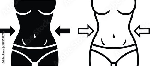 Black and white vector icons of a slim female waist with arrows for weight loss and fitness progress tracking.