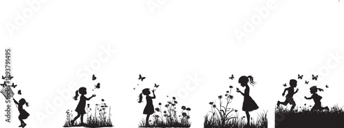 Panoramic silhouette illustration of children playing in a magical garden with butterflies, flowers, and nature elements, capturing imagination, innocence, and joyful childhood moments for creative de