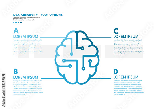 Idea, creativity - four options, infographic template with blue brain circuit for mind mapping and brainpower