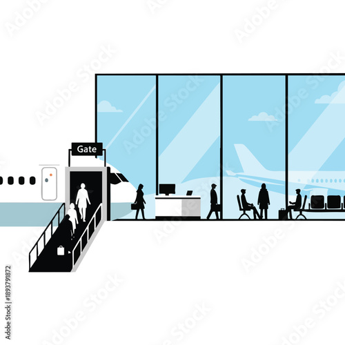 Airport Gate with Passengers Waiting to Board Plane