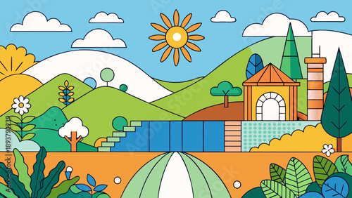 Cartoon vector illustration of a rural autumn landscape featuring houses and green trees under a sunny sky with clouds over rolling hills and countryside farm fields