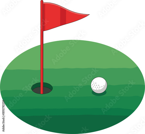 White golf ball on a green grass putting green near a hole with a red flag isolated on white background flat vector.