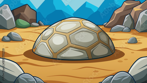 A cute cartoon illustration of a tortoise shell sports car on the beach with a soccer ball and a racing flag icon in a fun vector art design