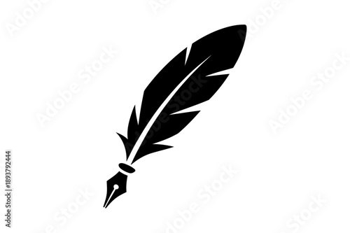 A minimalist black feather quill pen icon on a white background