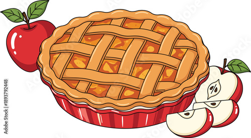 Homemade apple pie with lattice crust in a red baking dish surrounded by fresh red apples, autumn dessert food vector illustration isolated.