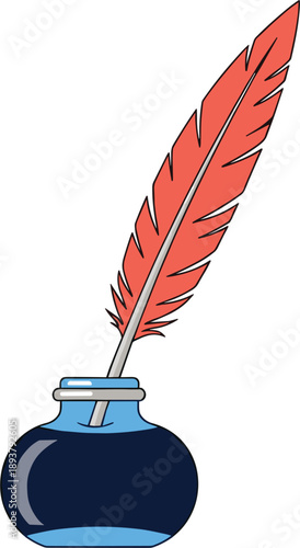 Classic blue glass inkwell with dark blue ink and a long red quill feather pen, vintage writing set cartoon vector illustration isolated.
