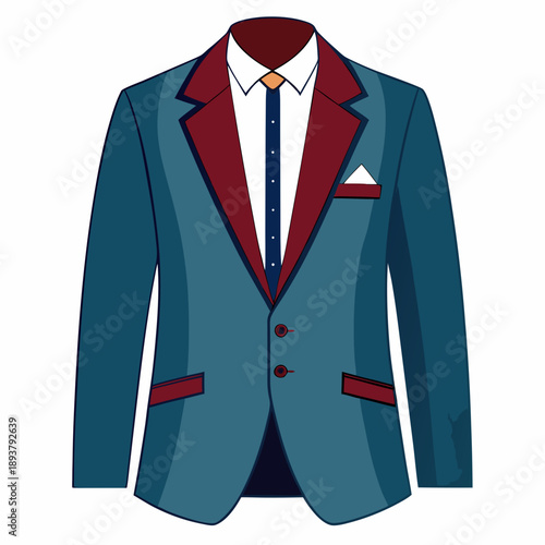 Elegant blue blazer with red lapels and pocket square illustration