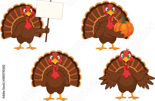 Cute cartoon turkey character set in different poses with pumpkin and sign, funny thanksgiving illustration collection