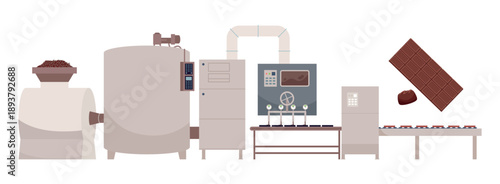 Chocolate manufacturing process with industrial machines, conveyor belt, cocoa beans, and finished chocolate products isolated on white background vector illustration