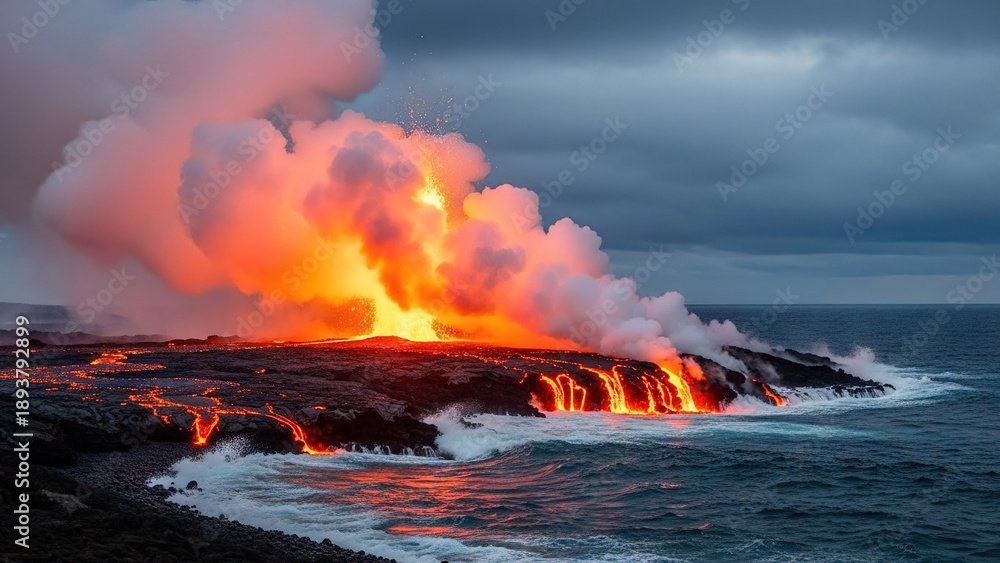 Fototapeta premium Lava flowing into the ocean during sunset