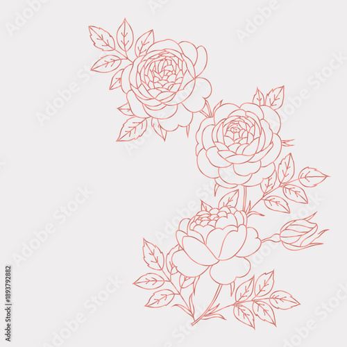Pink roses line art vector in minimalist style. Elegant floral outline drawing of blooming roses with leaves and buds. Hand drawn for greeting cards and wedding invitations, Valentine's Day 