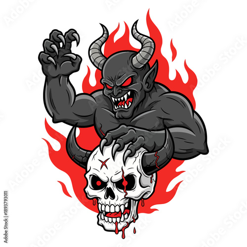 A menacing demon character illustration emerging from flames, holding a skull, with fiery red glow, viewed from the front