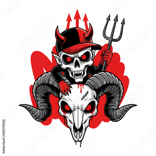 A menacing skeleton wearing a red hat and holding a trident sits atop a goat skull with horns in a bold graphic illustration