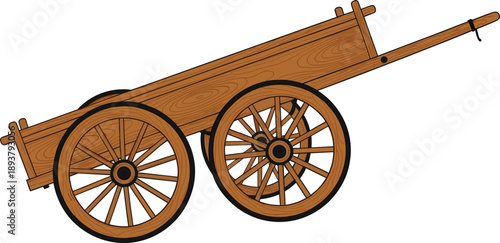 Rustic wooden horse cart or farm wagon with large spoke wheels and timber texture, traditional agricultural transportation vector illustration isolated on white.