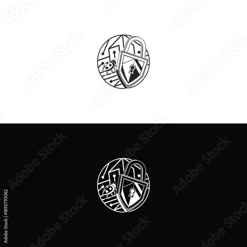 A circular icon combining a padlock, a shield, a ladybug, and circuit elements, symbolizing comprehensive digital antivirus and cyber protection.