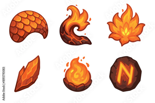 Collection of fantasy fire magic icons for video games includes a dragon scale, lava flame, fiery flower, magic crystal, fireball, and a glowing rune for a user interface