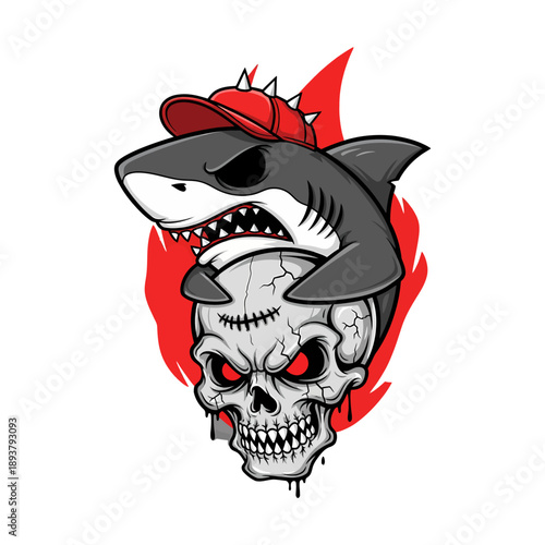 A cartoon orca wearing a baseball cap emerges from a skull with red eyes, surrounded by red flames, in a black and white illustration.