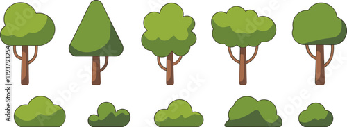 Simple green tree and bush icons set, flat forest nature illustration collection, cartoon woodland elements for games, apps