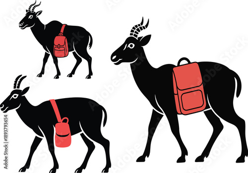 Three black antelopes with red backpacks on white background