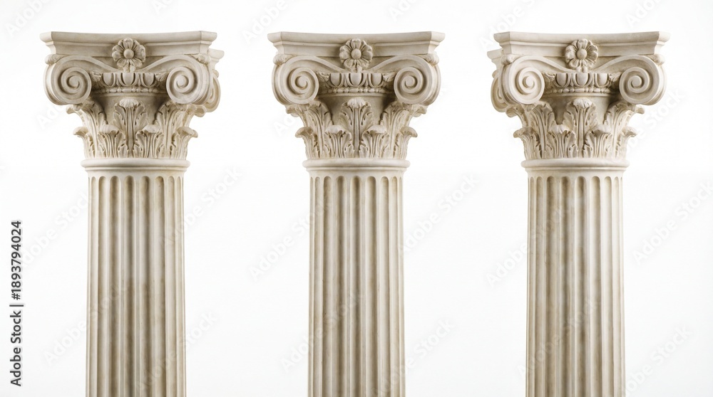 Fototapeta premium Three ornate classical columns against a white background architectural design.