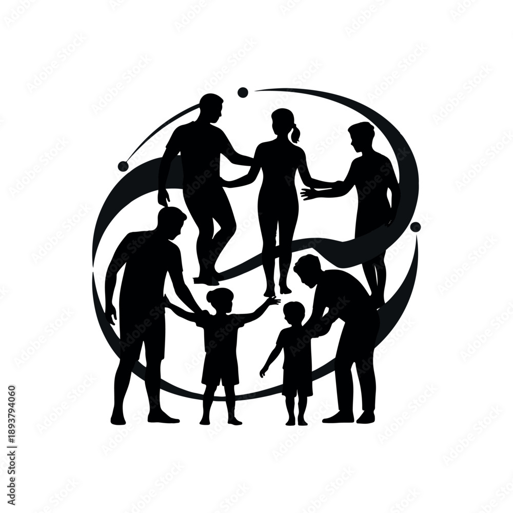 Fototapeta premium Human Solidarity and Social Support Community Care Silhouette Vector.