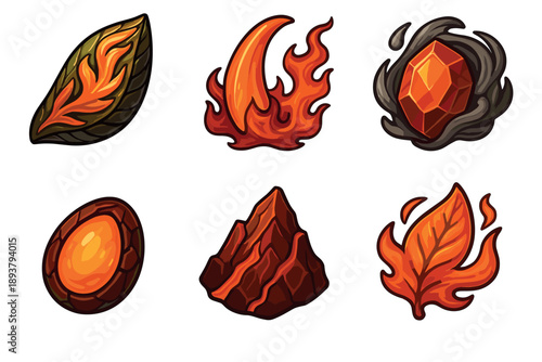 Set of six fantasy fire element icons featuring a flaming leaf, lava rock, magic crystal, and glowing stone for a video game user interface or as magical spell assets