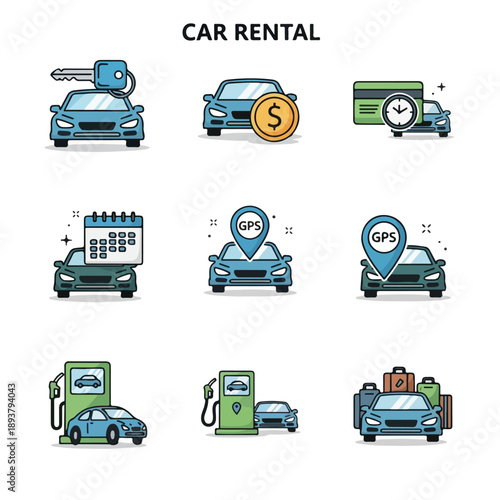 Car Rental Icons Set with Various Services.
