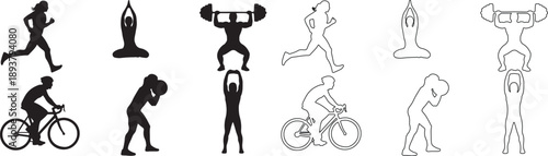 Set of Sport and Fitness Vector Icons. Running, Cycling, Yoga, Weightlifting, Boxing Silhouettes and Outlines. isolated PNG with Transparent Background