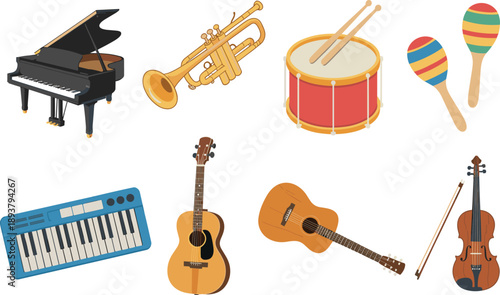 Colorful musical instruments illustration, trumpet, drum, guitar, piano keyboard, flat design icons, music education, band equipment, clipart collection