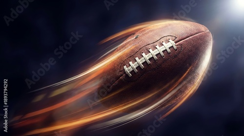 American football in motion with streaks of light suggesting speed and power on a dark background, representing sports and athleticism