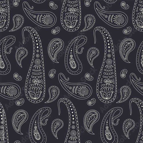 Hand drawn black and white intricate line art Paisley seamless pattern on dark background