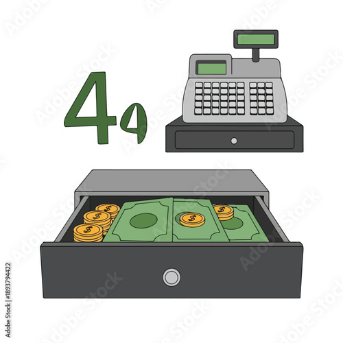 Cash Register and Open Cash Drawer.
