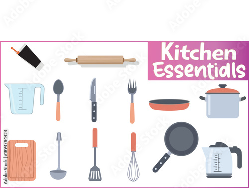 Kitchen Utensils and Cookware Flat Vector Illustration Set