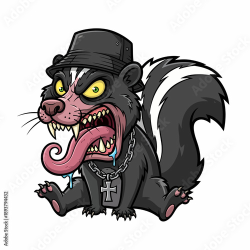 A menacing cartoon skunk wearing a hat and chain sits menacingly with tongue out, showcasing aggressive behavior, in a graphic illustration style, viewed from the front.
