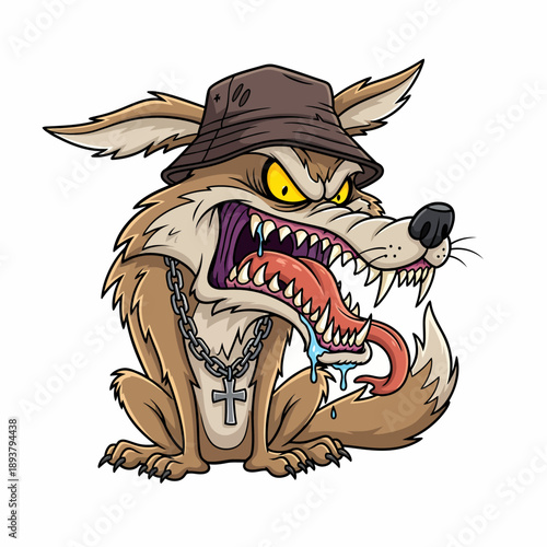 A cartoon wolf wearing a hat and chain, showcasing sharp teeth and a long tongue, in a playful illustration style.