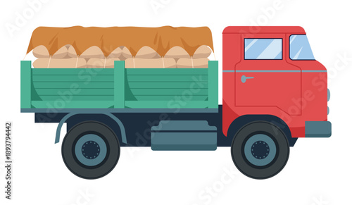 Isolated red truck carrying cocoa bean sacks for chocolate production process vector illustration