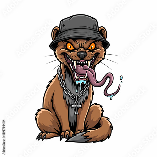 A cartoon otter wearing a hat and chain sitting with tongue out, illustrating a humorous scene from an urban lifestyle context in a graphic style
