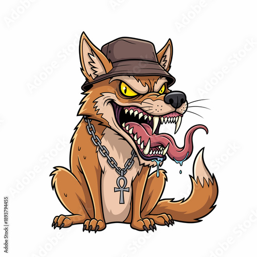 An aggressive cartoon coyote wearing a hat and chain sitting with an open mouth and tongue out, showcasing its sharp teeth, from a straightforward viewpoint.
